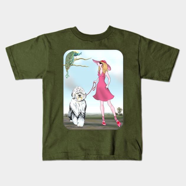 Young Lady with Peacock and Old English Sheepdog. Kids T-Shirt by chepea2